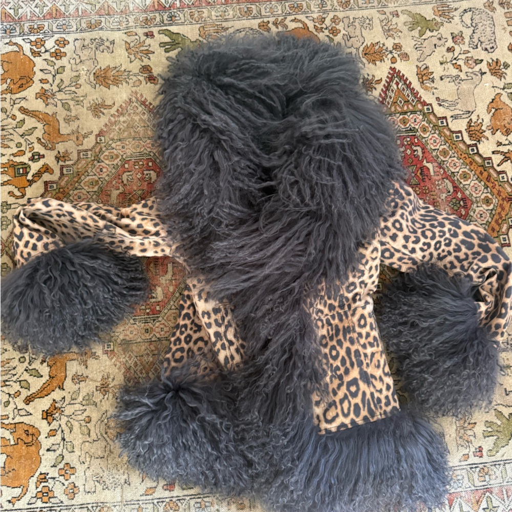 KONG Leopard Suede Mongolian Lamb Trim Jacket - Charcoal- Size S - Picture 10 of 11